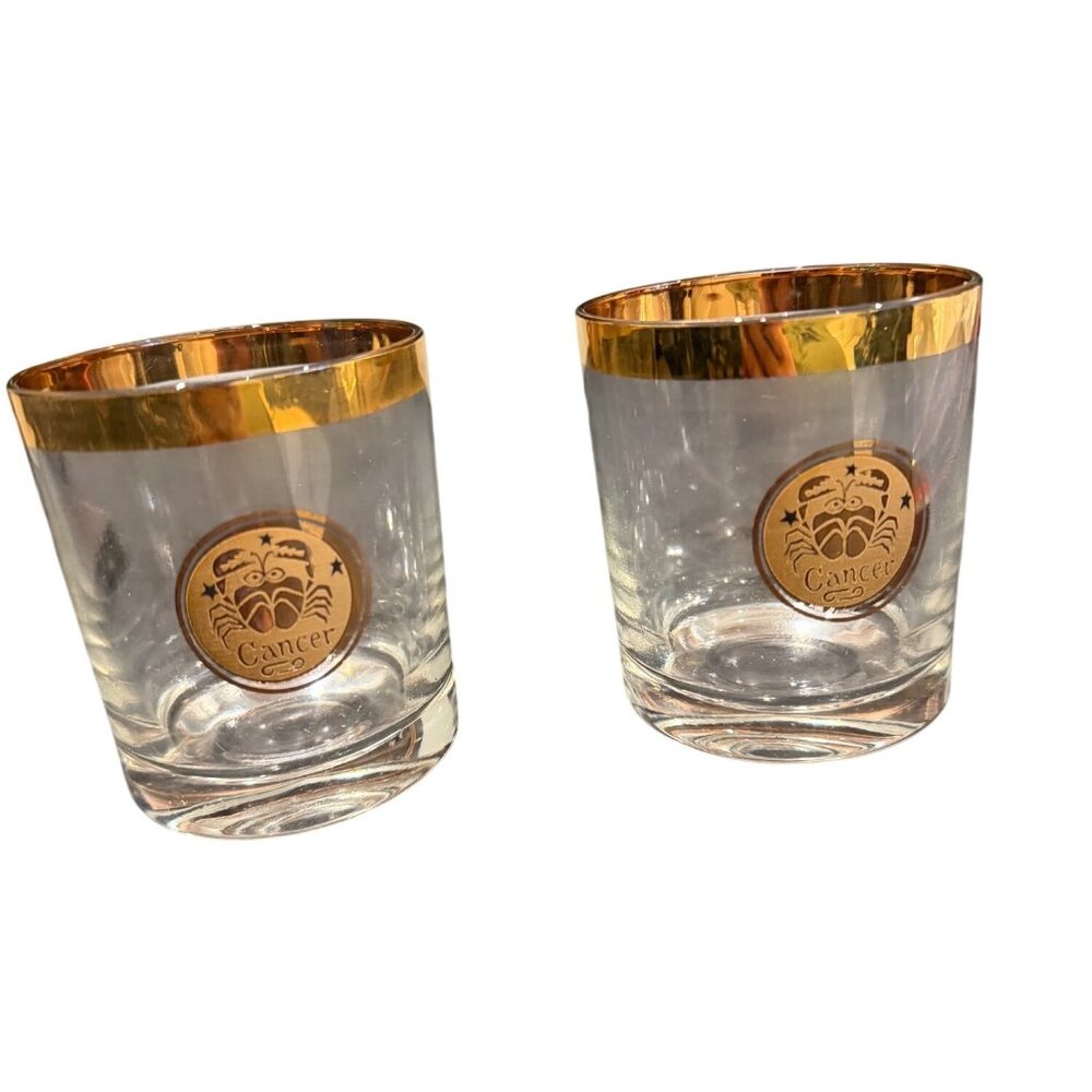 Vintage Gold Rimmed Cancer Zodiac Glasses Set Of 2 Clear & Gold Tumblers